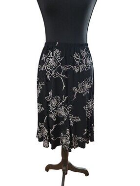 Susan Lawrence Whimsygoth Black Midi Skirt with White Rose Outline XL